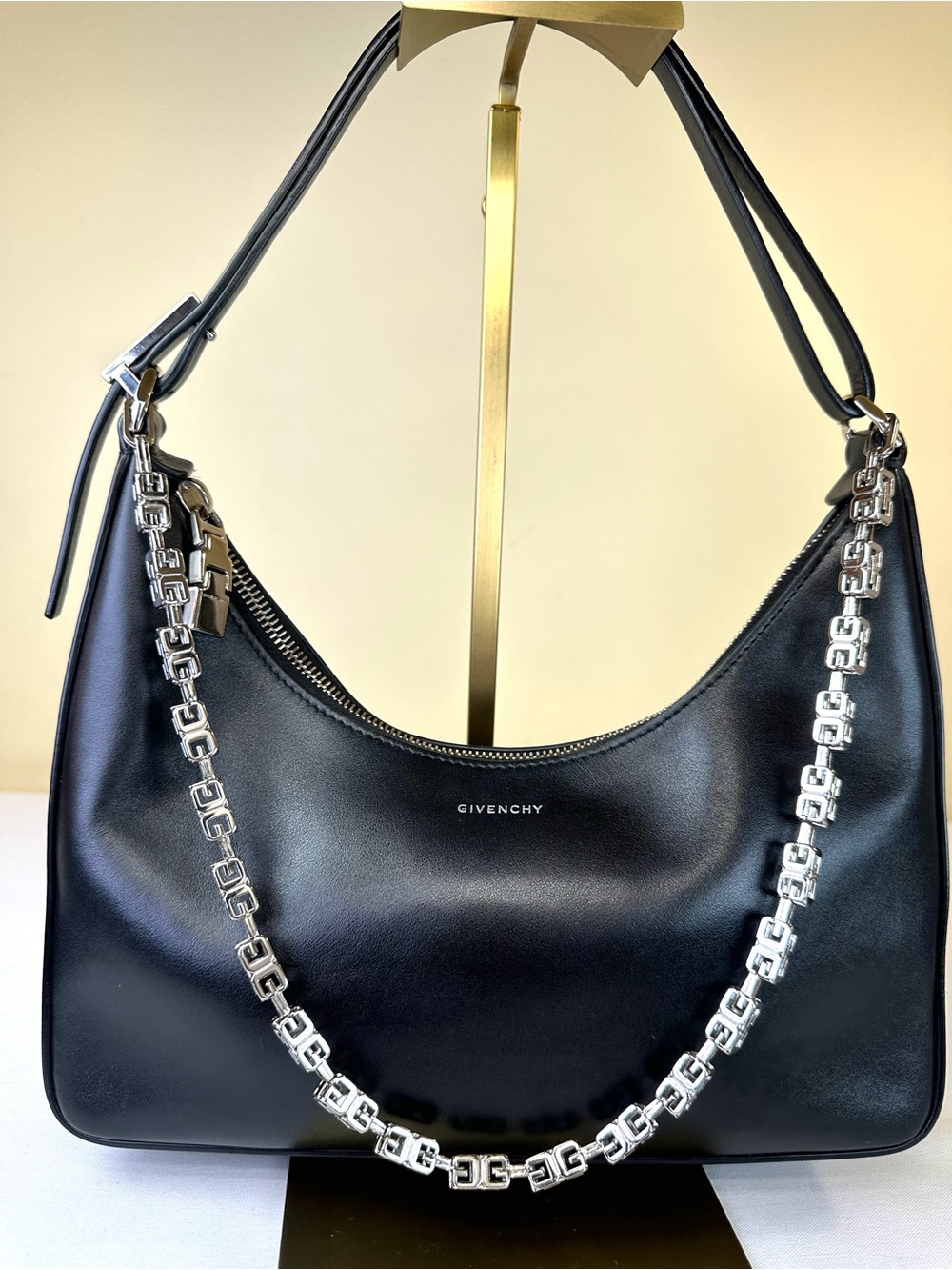 Givenchy Moon Cut Out Hobo Black Calfskin Silvertone G Cube chain Italy, bag COA